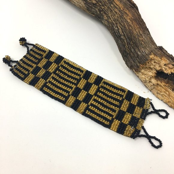 Art Deco Inspired Gold Black Wide Loom Woven Seed Bead Cuff Bracelet - Picture 7 of 16